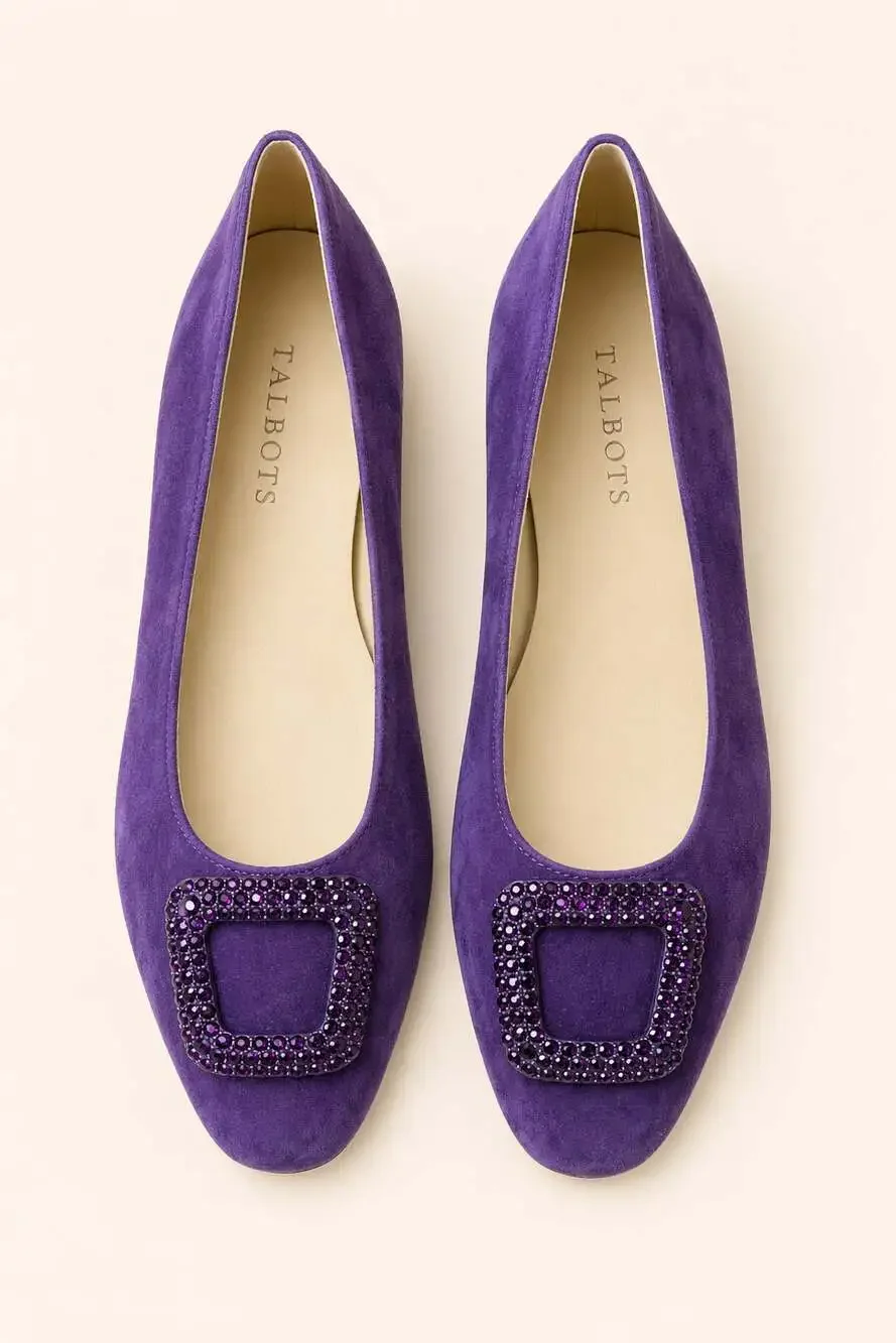 Talbots Purple Suede Rhinestone Buckle Ballet Flats Leather 8.5 M